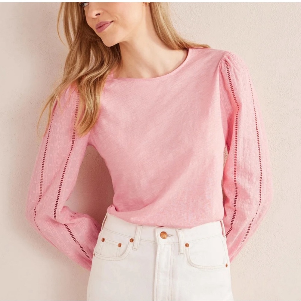 Boden Round Neck Top English Embroidery Sleeves Pink Rose Dahlia